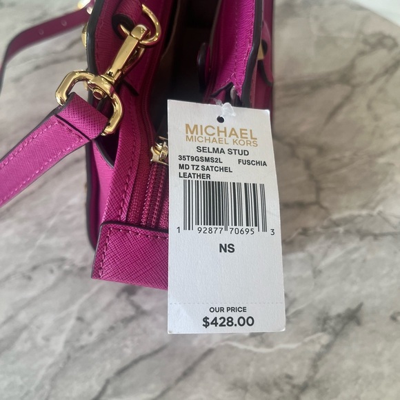 NWT Micheal Kors Medium Selma Saffino Leather Studded Satchel, Hot Pink - Picture 10 of 10